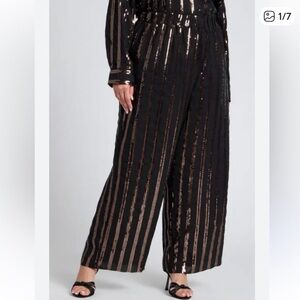 Eloqui Black and Bronze gold sequin stretch waist pants size 22